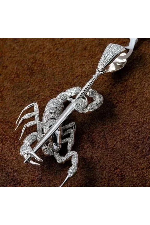 Men's 3Ct Round Cut Simulated Diamond Scorpion Pendant 14K White Gold Plated 925 Sterling Silver Free Chain 18"