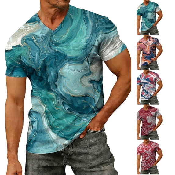 Men's 3D Abstract Print V-Neck T-Shirt With Short Sleeve And Chest Pocket Featuring Artistic Casual Tee Gray L