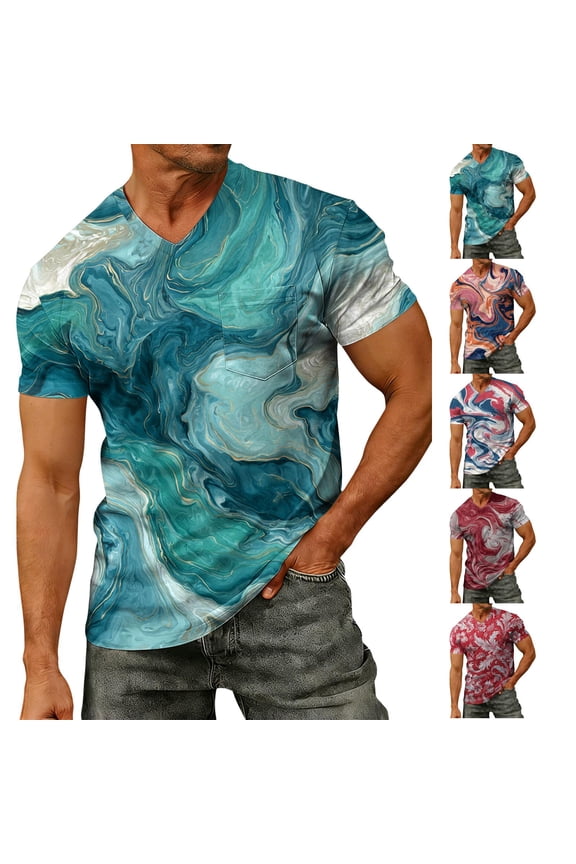 Men's 3D Abstract Print V-Neck T-Shirt With Short Sleeve And Chest Pocket Featuring Artistic Casual Tee Red XXL