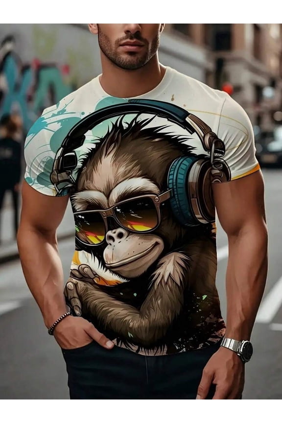 Men's 3D All-Over Print Short Sleeve-Shirt With Monkey Face & Headphone Design - Full-Body Digital Printing Casual Round Neck Tee Music Lovers, Parties & Casual Attire - -Inspired Culture Style