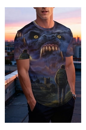 Men's 3D American-style London Werewolf Pattern Printed T-shirt, Horror-themed Apparel, Outdoor Activity Top, Animal Print Short Sleeves, Durable Fabric, Comfortable to Wear