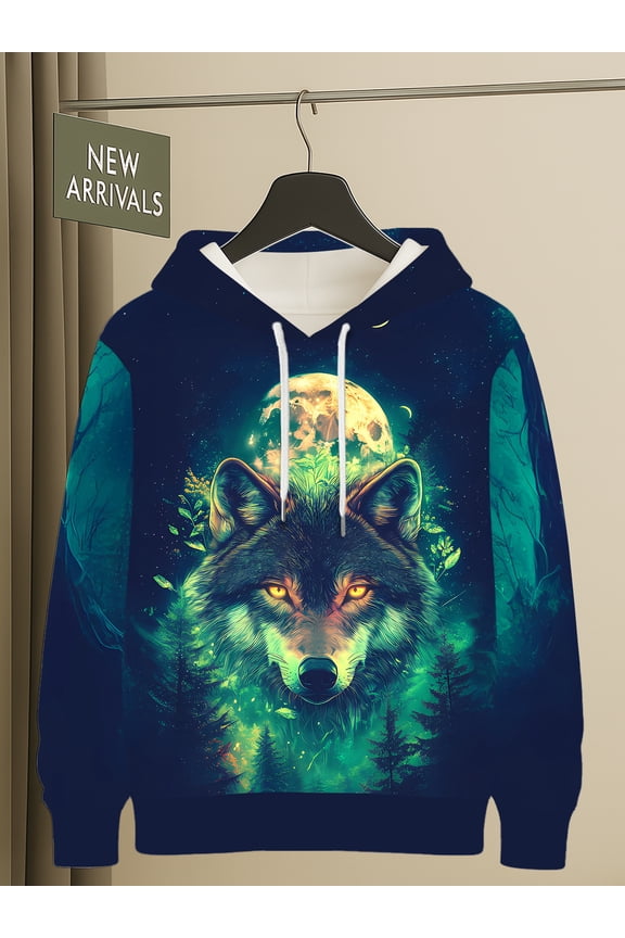 Men's 3D Animal Print Hoodie, Direwolf Pattern Pullover, Street Casual Long Sleeve Top, Moon, Cool Hooded Sweatshirt, Unique Fashion Men's Clothing