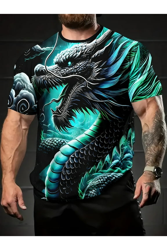 Men's 3D Blue Dragon Print T-Shirt - Vibrant Short Sleeve Crew Neck Lightweight Polyester Summer Casual Outdoor Wear