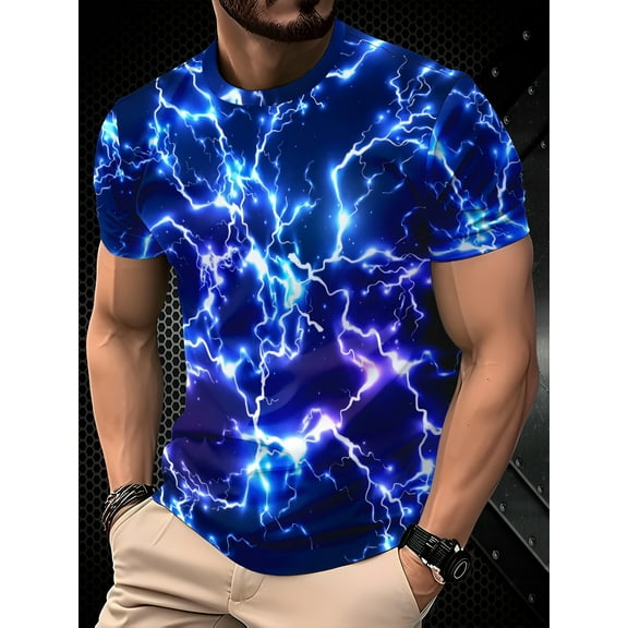 Men's 3D Blue Lightning Print T-Shirt - Casual Short Sleeve, Summer Outdoor Wear, Stretch Polyester Blend, Machine Washable