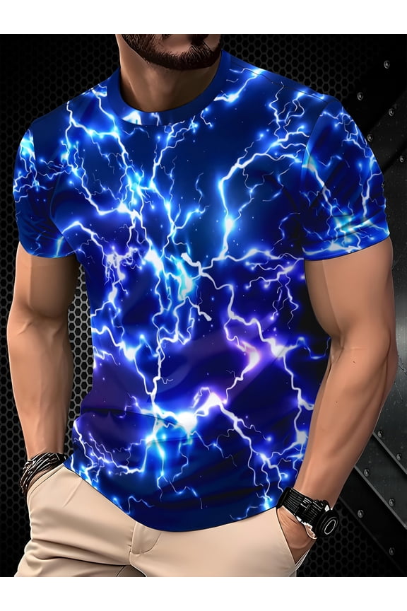 Men's 3D Blue Lightning Print T-Shirt - Casual Short Sleeve, Summer Outdoor Wear, Stretch Polyester Blend, Machine Washable