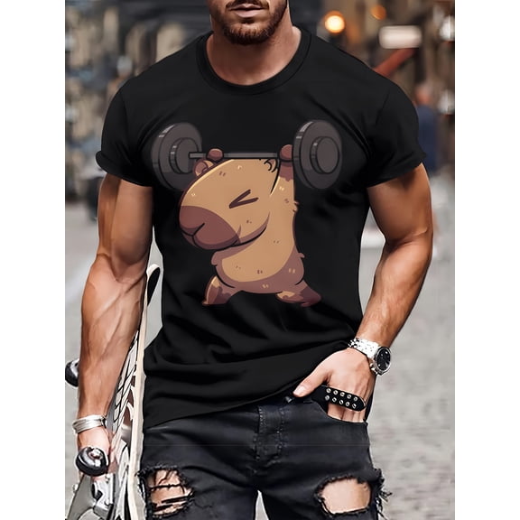 Men's 3D Capybara Print T-Shirt - Dark Brown Casual Short Sleeve, Breathable Polyester, Lightweight & Comfortable, Fashionable Round Neck Tee for Casual Attire