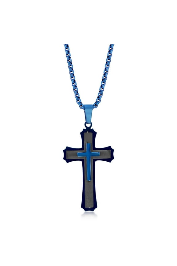 Men’s 3D Cross Pedant Necklace | Black & Blue Stainless Steel 24” Round Box Chain Necklace | Religious Jewelry for First Communion, Baptism, or Confirmation