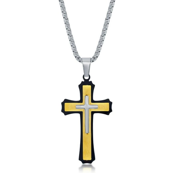 Men’s 3D Cross Pedant Necklace | Gold & Silver Stainless Steel 24” Round Box Chain Necklace | Religious Jewelry for First Communion, Baptism, or Confirmation