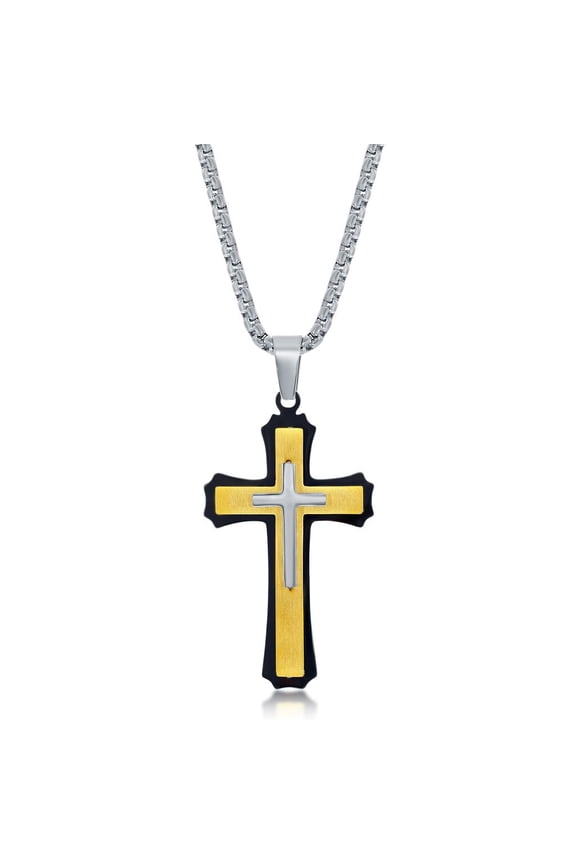 Men’s 3D Cross Pedant Necklace | Gold & Silver Stainless Steel 24” Round Box Chain Necklace | Religious Jewelry for First Communion, Baptism, or Confirmation