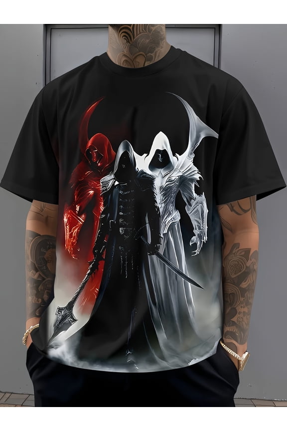 Men's 3D Devil Pattern T-Shirt - Crew Neck, Short Sleeve, Casual Summer Wear, Complex Dark and Red Design, Outdoor Sports Short Sleeve, Machine Washable