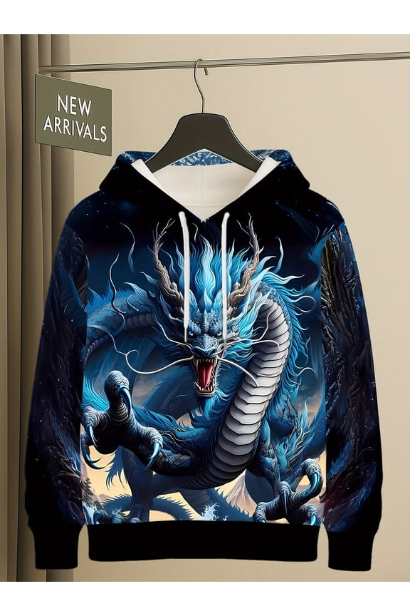 Men's 3D Digital Dragon Print Hoodie, Oriental Mythical Beast/Blue Giant Dragon and Asian Legendary Creature Pullover Sweatshirt with Huge Claws - Autumn Winter Street Casual Long Sleeve Top