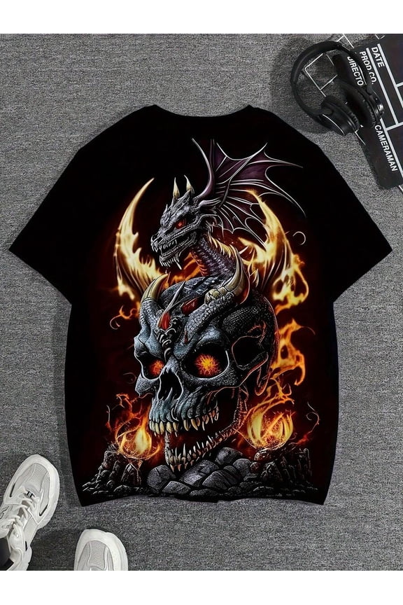 Men's 3D Digital Print Dragon Head Pattern T-Shirt- Breathable Quick-Dry Polyester Fiber, Casual Short Sleeve Round Neck Top, Machine Washable Four Seasons Comfortable Large Dragon Pattern T-Shirt