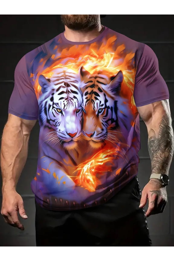 Men's 3D Digital Print Tiger Flame Pattern T-Shirt - Bold Purple Short Sleeve Crew Neck Summer Casual Fitness Shirt, Machine Washable Regular Fit, Crew Neck Short Sleeve, Men's Top