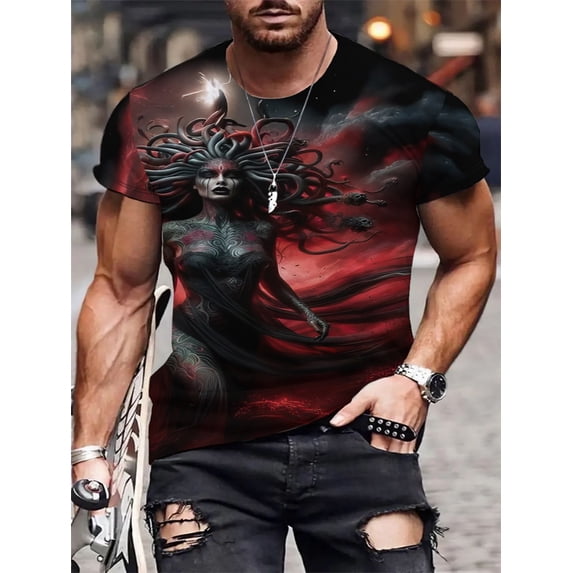 Men's 3D Digital Printed Medusa with Greek Pattern T-Shirt - Red and Black Mythical Design, Casual Crew Neck Short Sleeve Summer Top, Machine Washable Personality