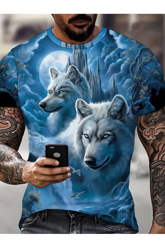 Men's 3D Digital Printed Short Sleeve T-Shirt - Fully Sealed Design, Regular Crew Neck, Comfortable Casual Clothing, Printed Shirt Wolf Head Pattern Shirt Men's 3D Wolf T-Shirt Men's