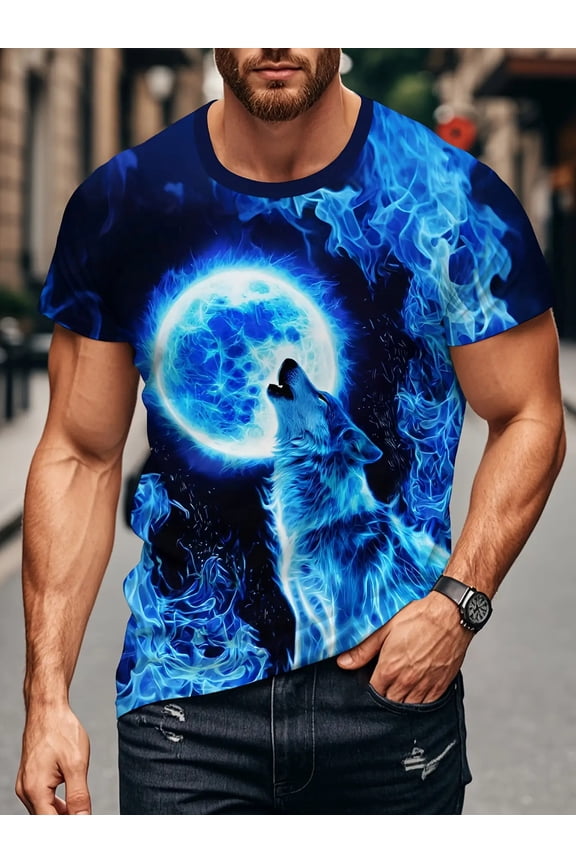 Men's 3D Digital Printed T-shirt, Blue Flame Surrounding Lone Wolf Howling Moon Pattern Printed T-shirt, Summer Outdoor Clothing, Men's Top