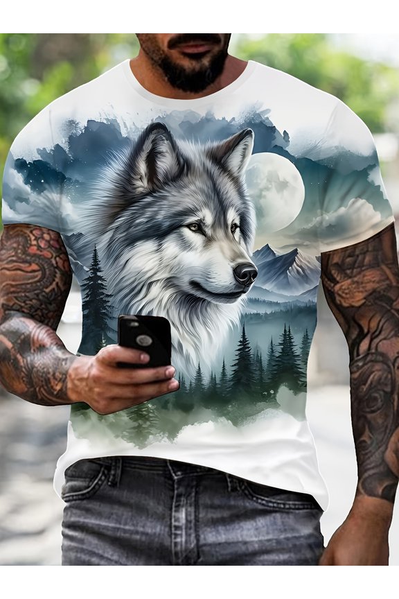 Men's 3D Digital Wolf and Mountain Illustration Print Crew Neck Short Sleeve T-shirt, Comfortable Fabric, Suitable for Street Leisure, Sweatshirt, Running Suit