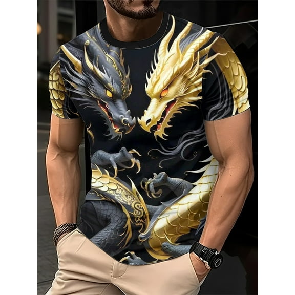 Men's 3D Dragon Graphic T-Shirt - Short Sleeve, Black and Gold Design, Lightweight Polyester, Relaxed Fit for All Ages