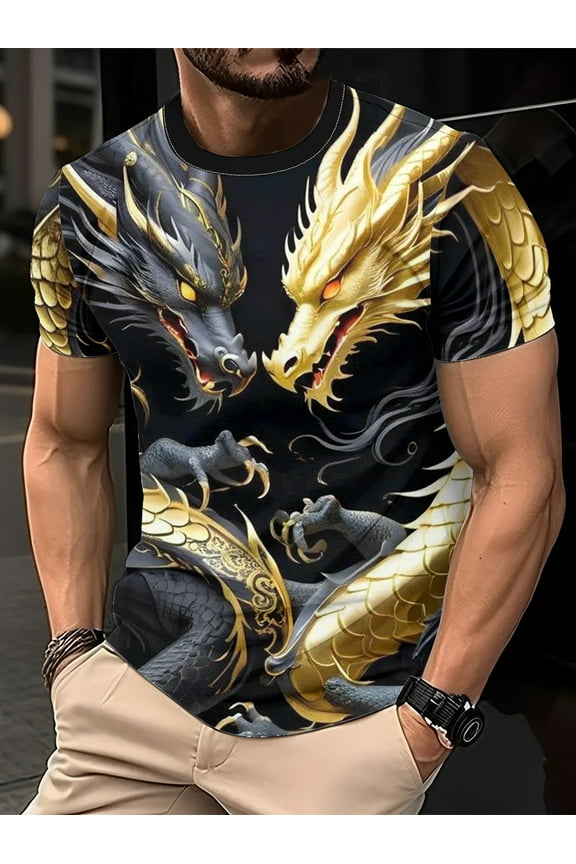 Men's 3D Dragon Graphic T-Shirt - Short Sleeve, Black and Gold Design, Lightweight Polyester, Relaxed Fit for All Ages