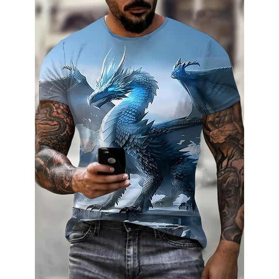 Men's 3D Dragon Print T-Shirt - Casual Polyester, Machine Washable, Crew Neck, Short Sleeve, Blue and White, Geometric Design, Fantasy Clothing | Fashionable Round Neck | Comfortable fit