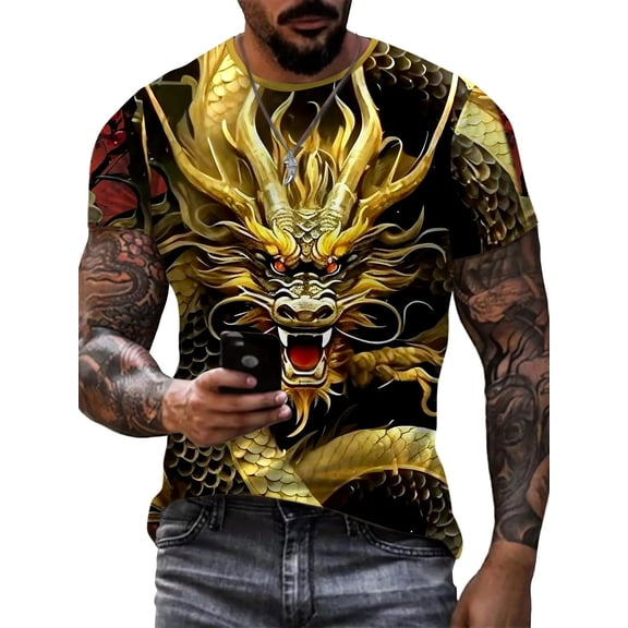 Men's 3D Dragon Print T-Shirt - Vibrant Color Street Style Short Sleeve T-Shirt, Casual Fashion Top for Daily Wear, Classic Style, Urban Trend, Durable Material