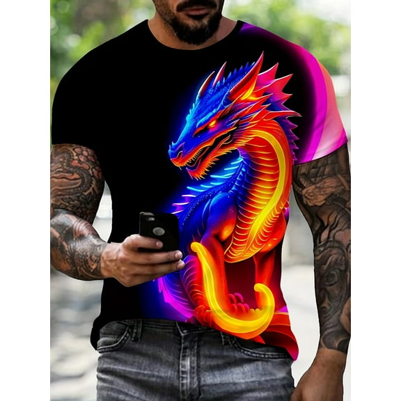 Men's 3D Dragon Printing T-Shirt - Bright Neon Design, Breathable Polyester Fiber, Short Sleeve Round Neck - Perfect for Summer Outings
