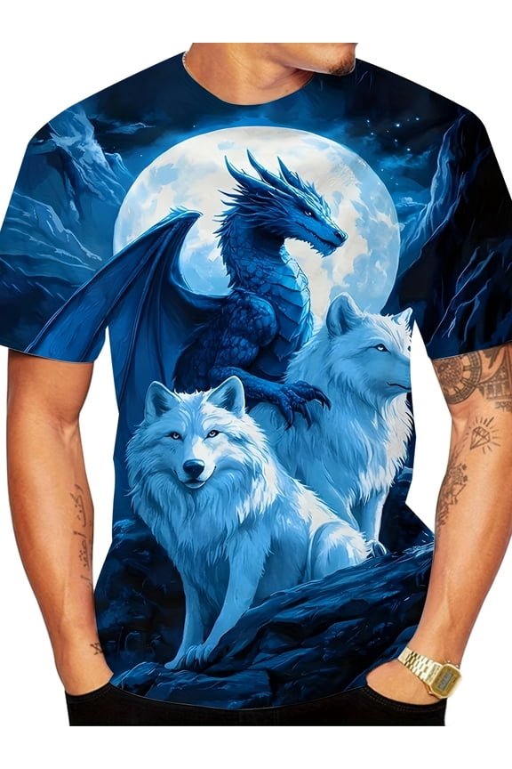Men's 3D Dragon and Wolf Pattern T-Shirt - Casual Crew Neck, Short Sleeve, Slightly Stretchy Fabric, Regular Fit, Mythical Creature Design, Breathable T-Shirt | Casual Style