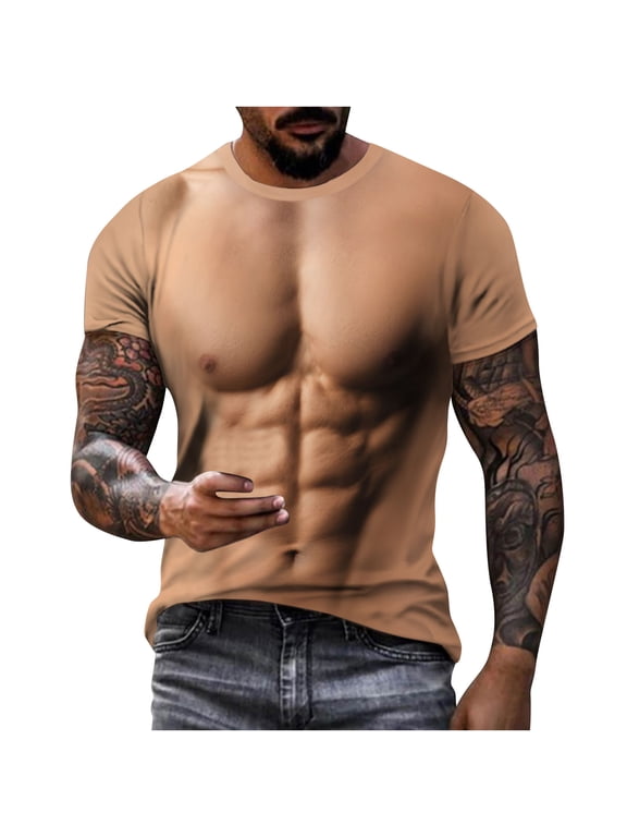 Men's 3D Fake Abs Muscle Tee – Funny Short Sleeve Graphic T-Shirt with Shredded Chest Print, Slim Fit Novelty Costume Top for Summer
