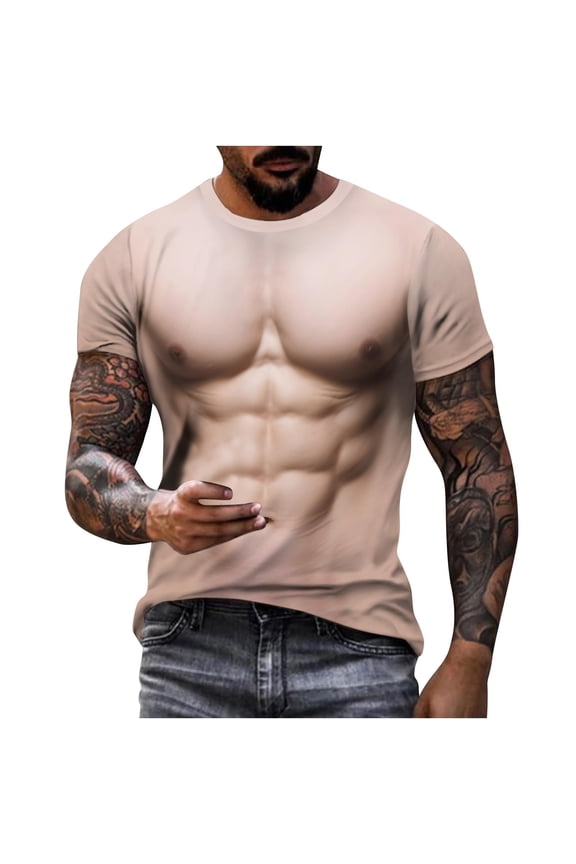 Men's 3D Fake Abs Muscle Tee – Funny Short Sleeve Graphic T-Shirt with Shredded Chest Print, Slim Fit Novelty Costume Top for Summer