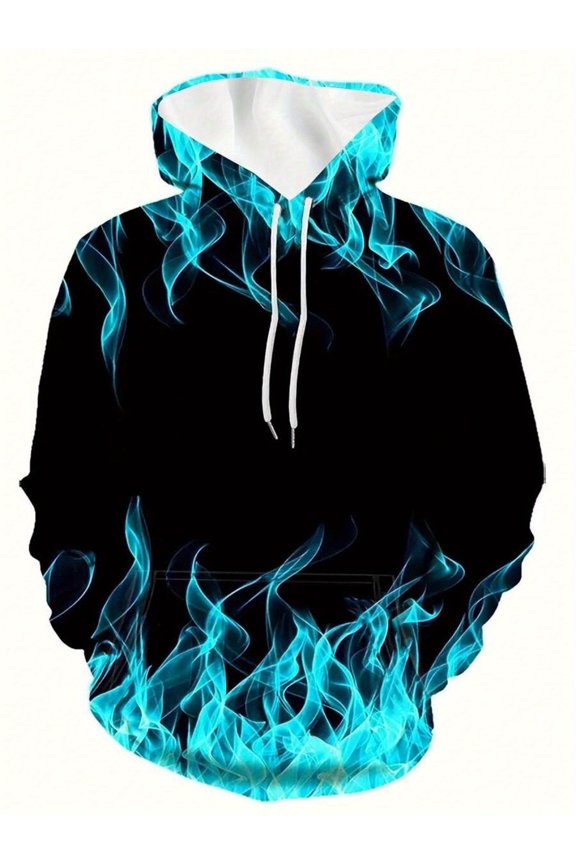 Men's 3D Flame Print Hoodie - Black and Blue Turbulent Flame Design, Sweatshirt, Long Sleeve Hoodie, Casual Men's Wear, Sportswear