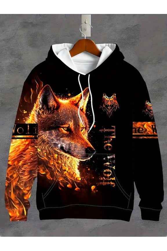 Men's 3D Flame Wolf and Wolf Head Pattern Hooded Sweatshirt - Long Sleeve Casual Jacket with Drawstring Pockets, Gold and Black Wolf Print, Machine Washable, Daily Wear