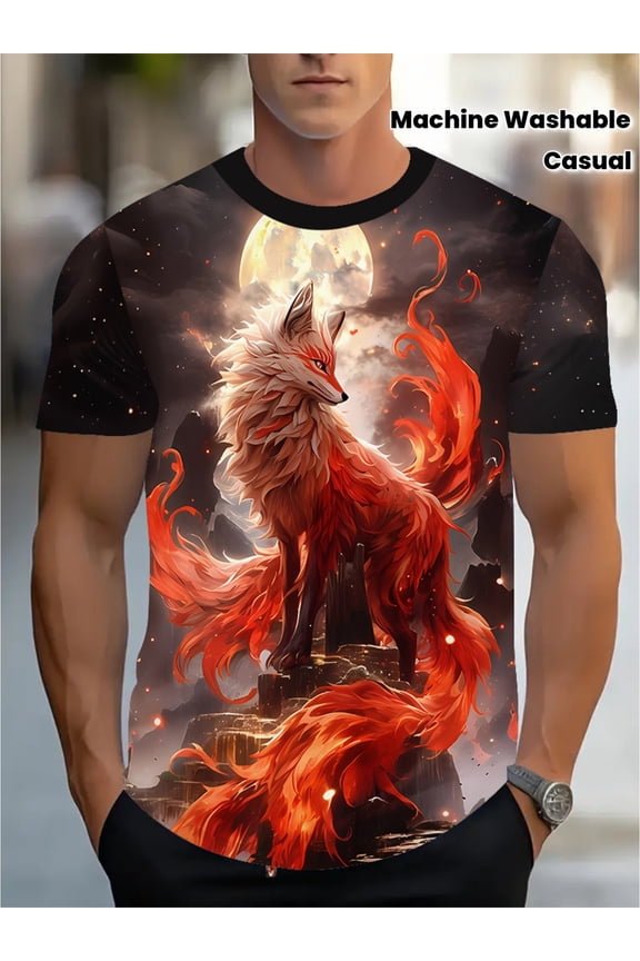 Men's 3D Full Body Printed T-Shirt - Flame Fox and Korean Mythical Landscape (Moon Fox, Nine-Tailed Fox) Pattern Summer Casual Short Sleeve Crew Neck Shirt Oriental Fantasy Theme