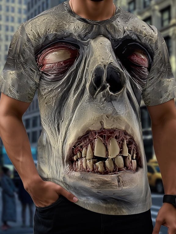 Men's 3D Full Body Zombie Face Print T-Shirt - Breathable Crew Neck Short Sleeve, Unique Gothic Style for Daily and Themed Events - Fun Declaration Shirt, Bold 3D Full Body Print Design