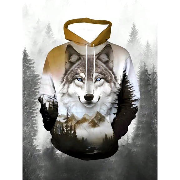 Men's 3D Full Wolf Print Hooded Sweater - Color Block Outdoor Winter Pullover, Casual Streetwear, Suitable for Cold Weather, Long Sleeve Shirt, Sweatshirt, Hoodie