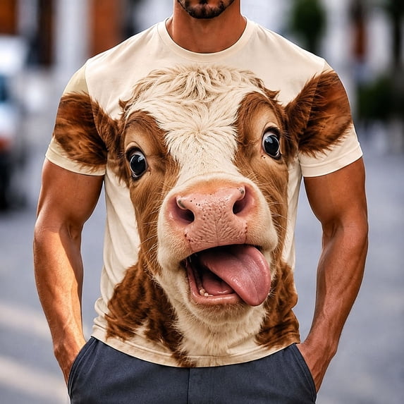 Men's 3D Funny Animal Graphic T-Shirt Cute Brown Cow Novelty Short Sleeve Crewneck Tees Casual Summer Tops Streetwear Party Holiday Shirts Men T-Shirts