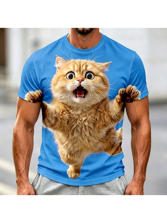 Men's 3D Funny Orange Cat Graphic T-Shirt Novelty Short Sleeve Crewneck Tees Casual Summer Tops Animal Print Streetwear Vacation Party Shirts Graphic Tee