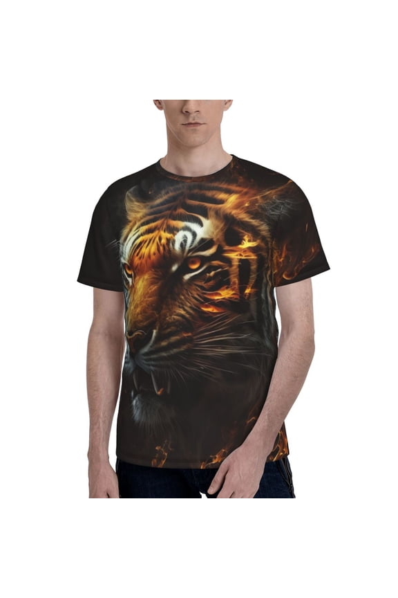Men's 3D Graphic T Shirts Casual Short Sleeve Tee Top, Fire King Tiger Face Art