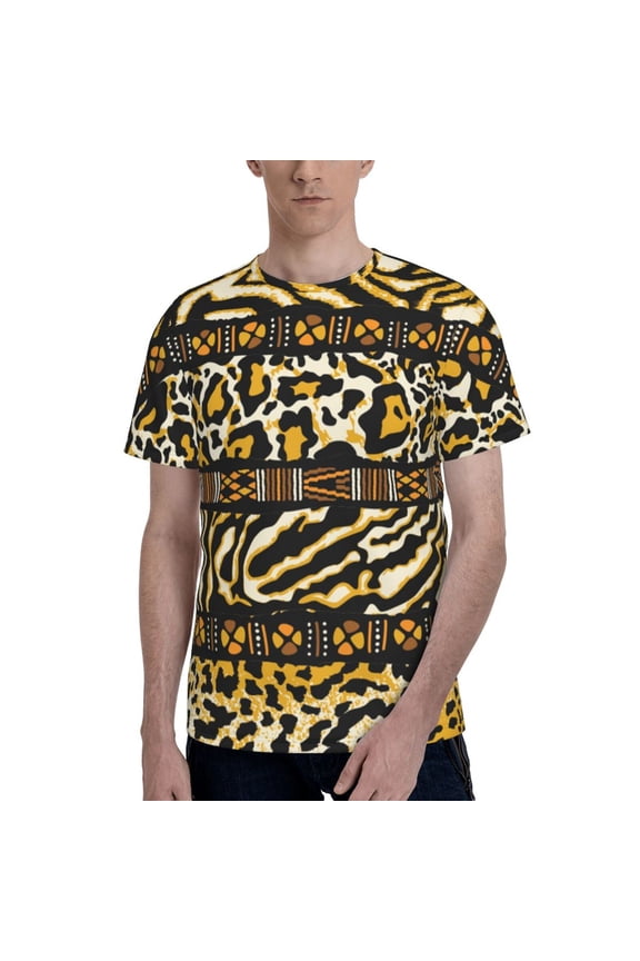 Men's 3D Graphic T Shirts Casual Short Sleeve Tee Top, Golden Wild Animal Skins With African Tribal Motifs