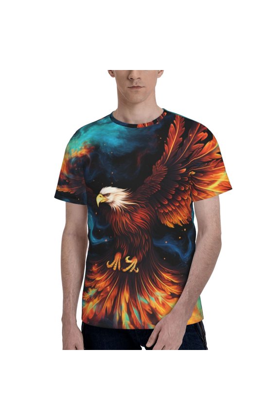 Men's 3D Graphic T-Shirts Short Sleeve Crewneck Tee, Eagle Fire Starry Flaming