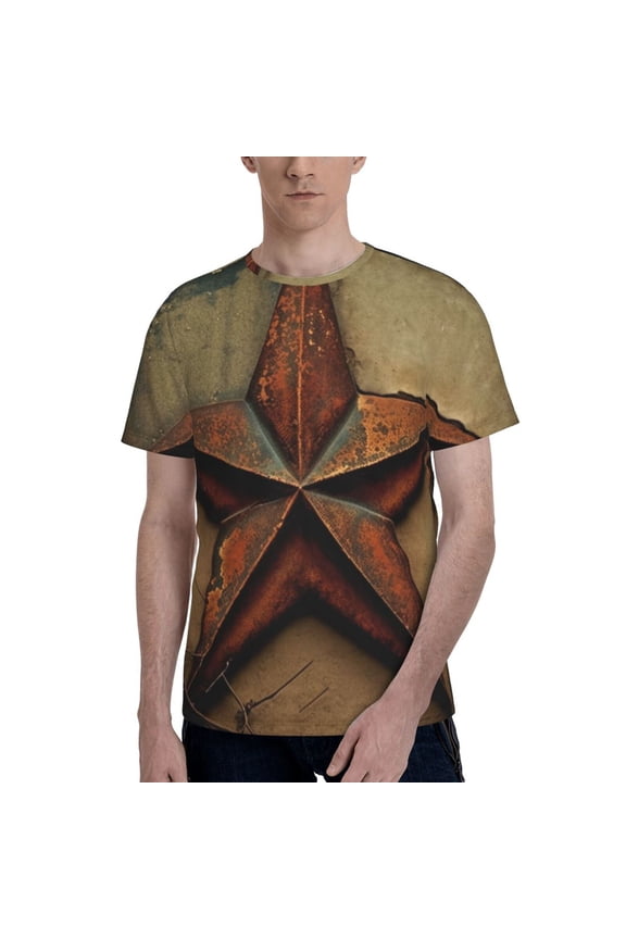 Men's 3D Graphic T-Shirts Short Sleeve Crewneck Tee, Rusty Stars Primitive Country Rustic Vintage