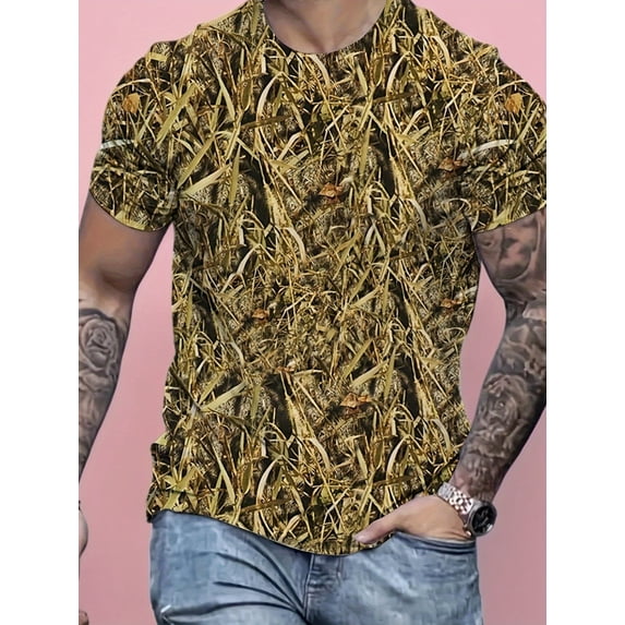 Men's 3D Grass Camouflage Printed T-Shirt - Comfort, Short Sleeve, Summer Exterior - Extra Large