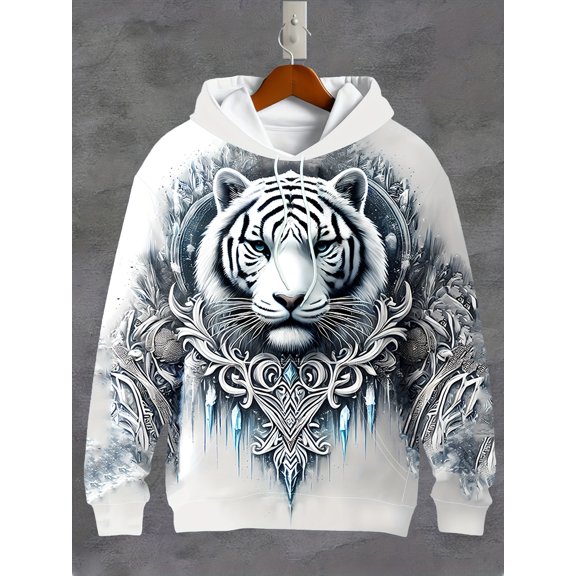 Men's 3D Ice and Snow World White Tiger Pattern Hoodie - Long Sleeve Casual Pullover with Drawstring Pocket, Sweatshirt, Long Sleeve Men's Fashion Sweatshirt