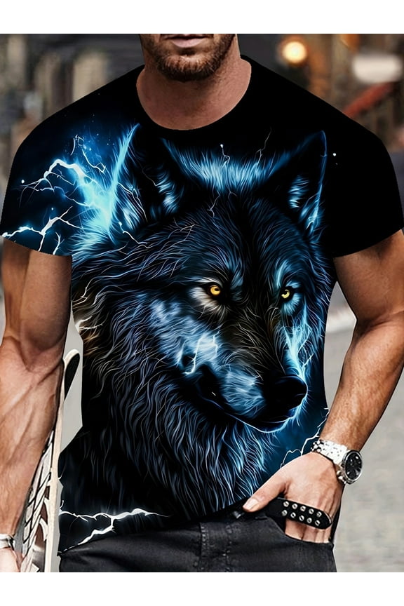 Men's 3D Lightning Wolf Print T-Shirt, Polyester Fiber Crew Neck Casual T-Shirt, Short Sleeve Knitted Fabric Top, Medium Stretch, Four Seasons Novel Pattern Shirt, Wolf T-Shirt