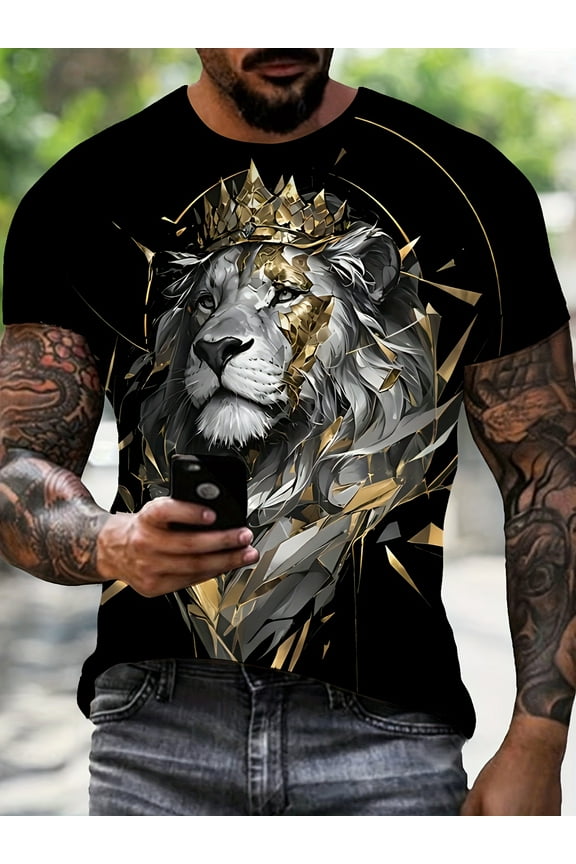 Men's 3D Lion Crown Pattern T-Shirt - Elastic, Digital Print Casual Streetwear | Round Neck Short Sleeve | Perfect for everyday wear and vacation