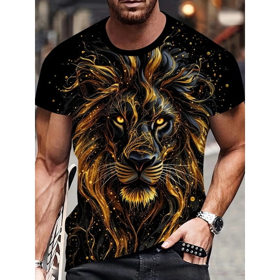 Men's 3D Lion Face Printed T-Shirt Lion Pattern Men's Lion Graphic T-Shirt, Loose Fit, Ideal for Summer and Outdoor Activities, Plus Size