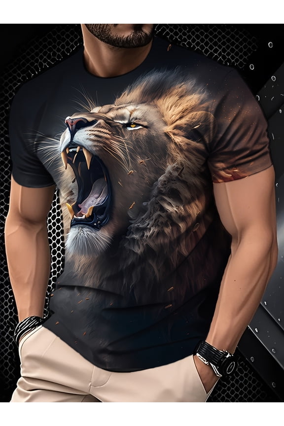 Men's 3D Lion Pattern T-Shirt - Roaring Lion Head Print Street Style Short Sleeve Shirt, Soft Breathable Fabric Regular Fit, Suitable for Casual and Formal Outfits, Bold Top for All Seasons