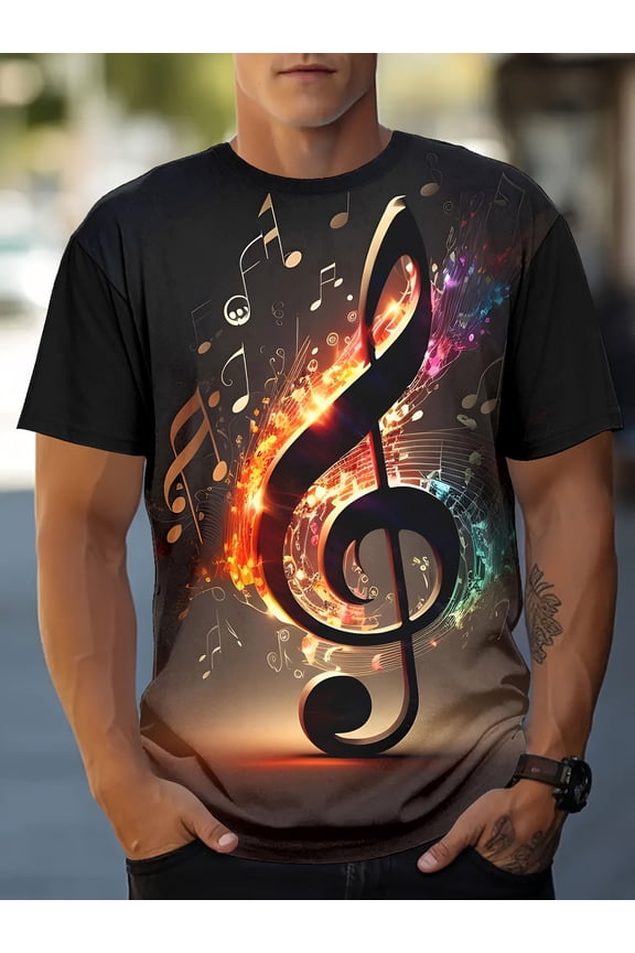 Men's 3D Musical Note and Treble Clef Print T-Shirt - Music Theme Casual Crew Neck Short Sleeve Summer Top, Suitable for Musicians and Music Enthusiasts, Guitar Technician Shirt