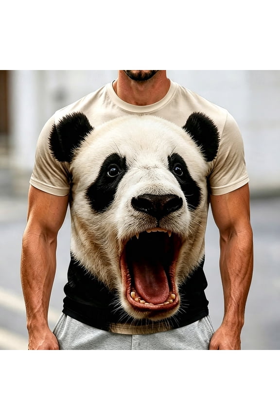 Men's 3D Panda Printed Graphic T-Shirts Funny Animal Face Novelty Tees Short Sleeve Crew Neck Casual Summer Pullover Tops for Men Everyday Wear