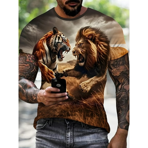 Men's 3D Pattern T-Shirt, Casual Crew Neck, Short Sleeve, Regular Fit, Bold Aggressive Style, Suitable for Daily Wear, Travel or Fitness, Travel Pattern T-Shirt