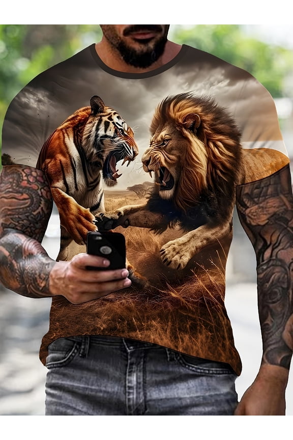 Men's 3D Pattern T-Shirt, Casual Crew Neck, Short Sleeve, Regular Fit, Bold Aggressive Style, Suitable for Daily Wear, Travel or Fitness, Travel Pattern T-Shirt